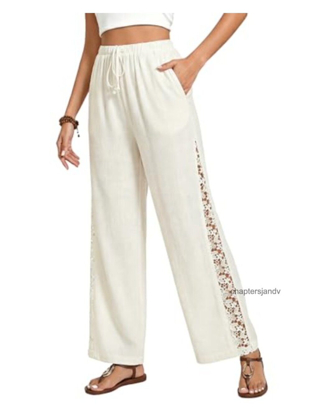 Linen Pants Womens Wide Leg High Waisted Crochet Panel Pull On El
